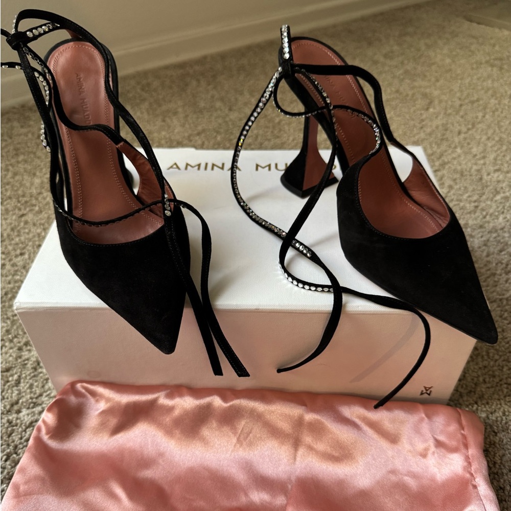 Amina Muaddi Black Heels with Rhinestone Accents